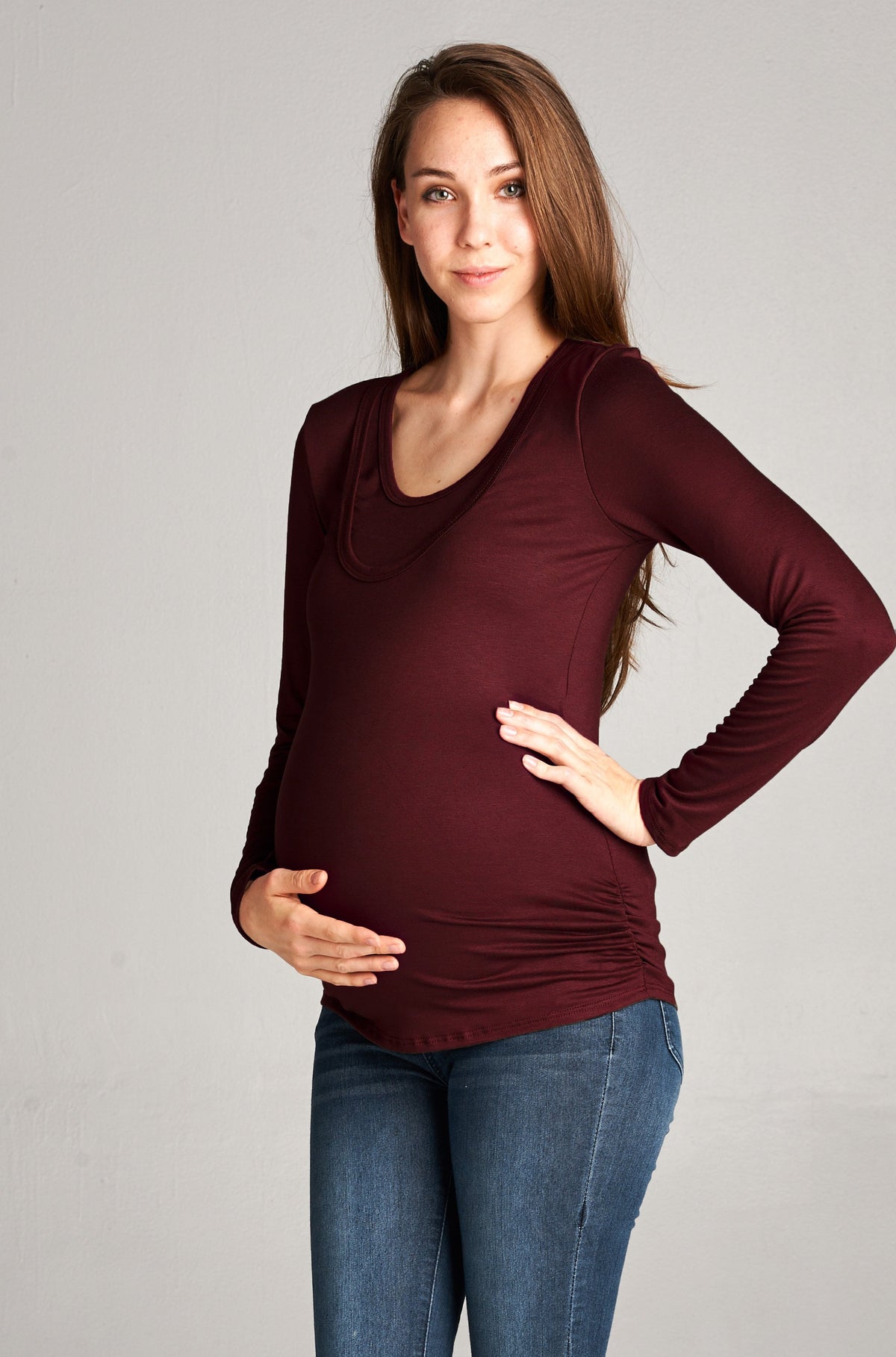Ruched Long Sleeve Maternity & Nursing Top in Burgundy