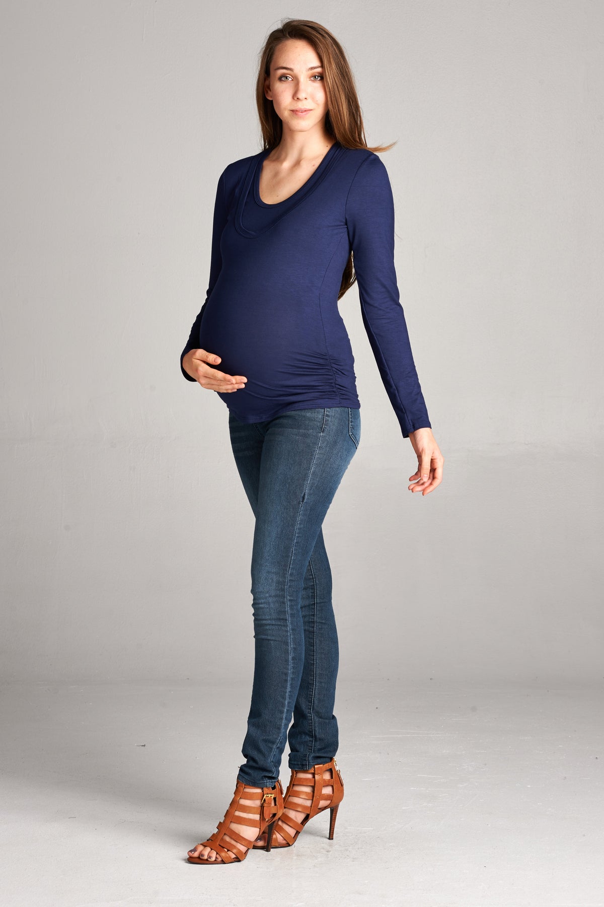 Ruched Long Sleeve Maternity & Nursing Top in Navy