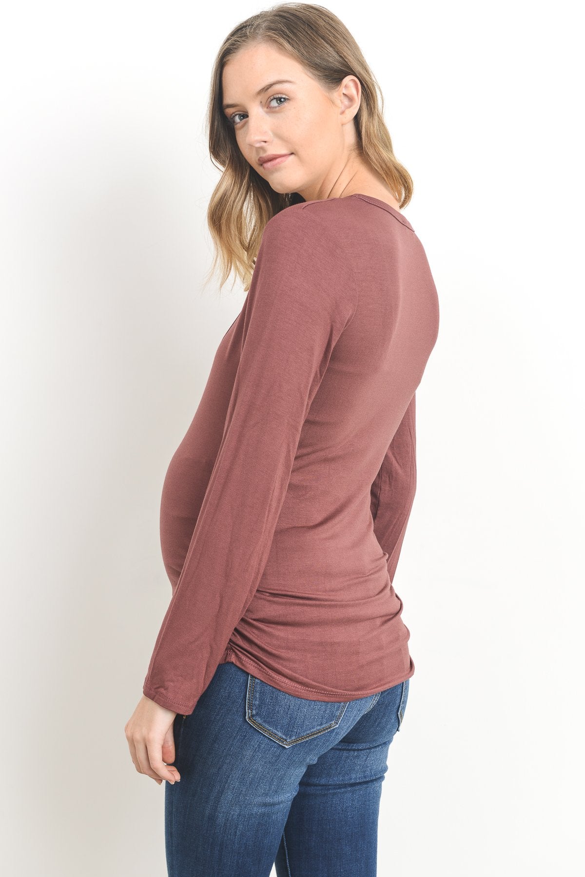 Ruched Long Sleeve Maternity & Nursing Top in Red Brown