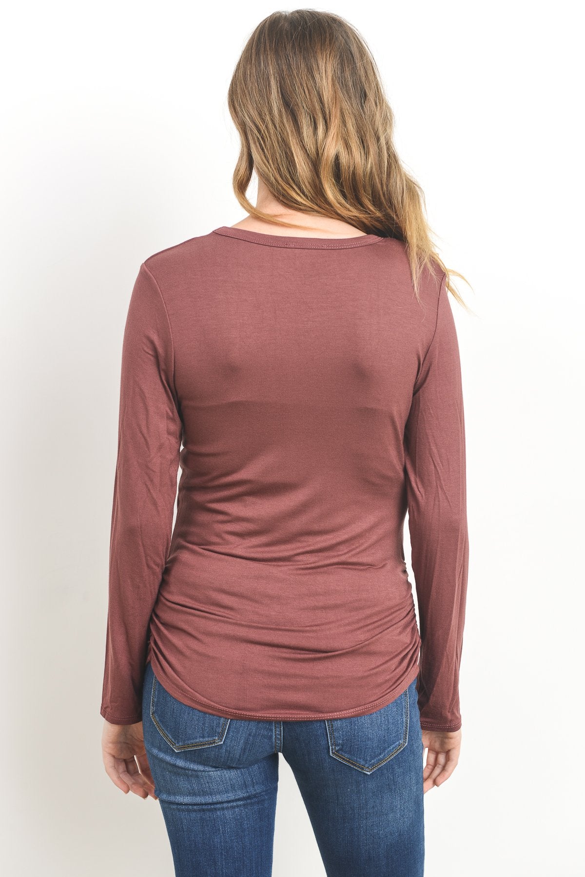 Ruched Long Sleeve Maternity & Nursing Top in Red Brown