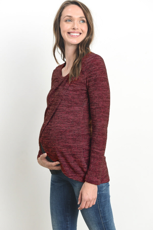 Burgundy/Black Tulip Hem Long Sleeve Maternity & Nursing Top