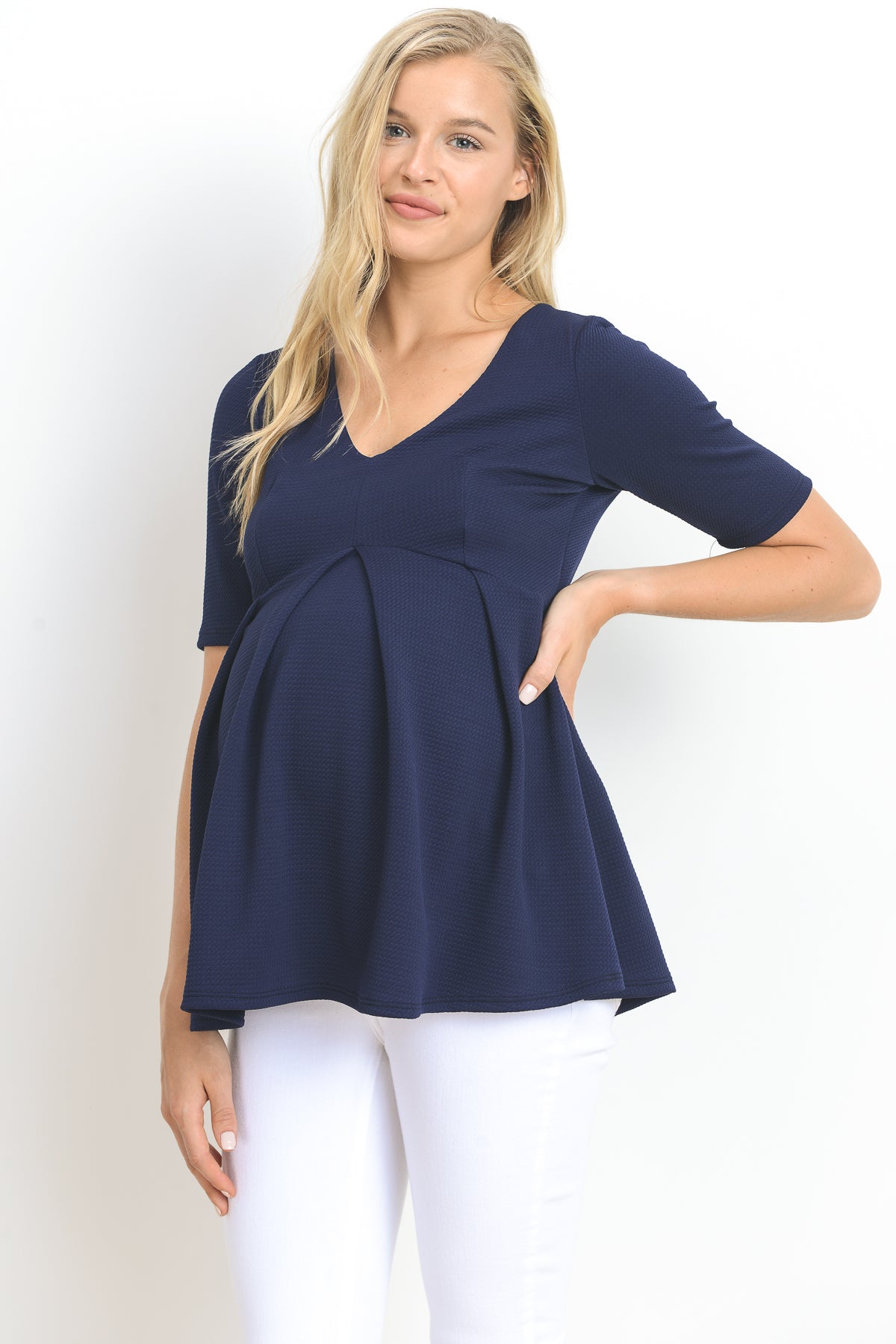 Navy Front Pleated V-Neck Maternity Top