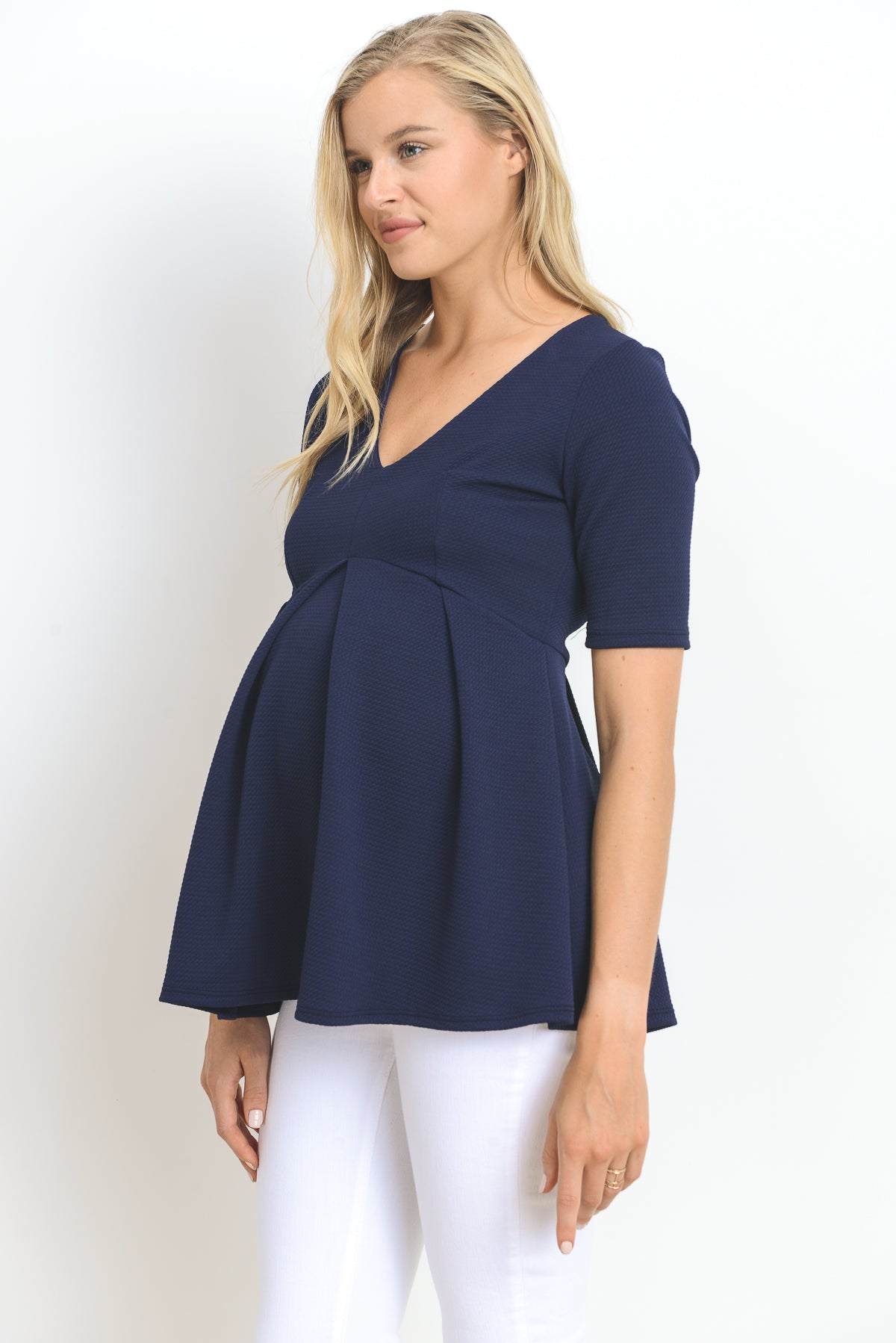 Navy Front Pleated V-Neck Maternity Top