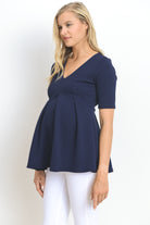 Navy Front Pleated V-Neck Maternity Top