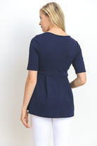 Navy Front Pleated V-Neck Maternity Top