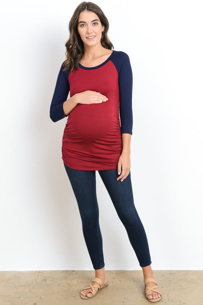 Burgundy/Navy Baseball Crew Neck Raglan Maternity Tee