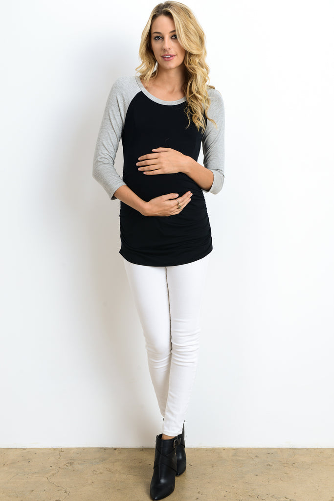 Black/Grey Baseball Crew Neck Raglan Maternity Tee