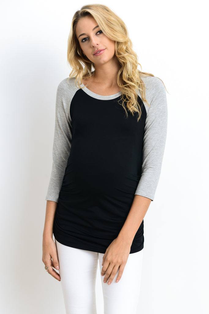 Black/Grey Baseball Crew Neck Raglan Maternity Tee