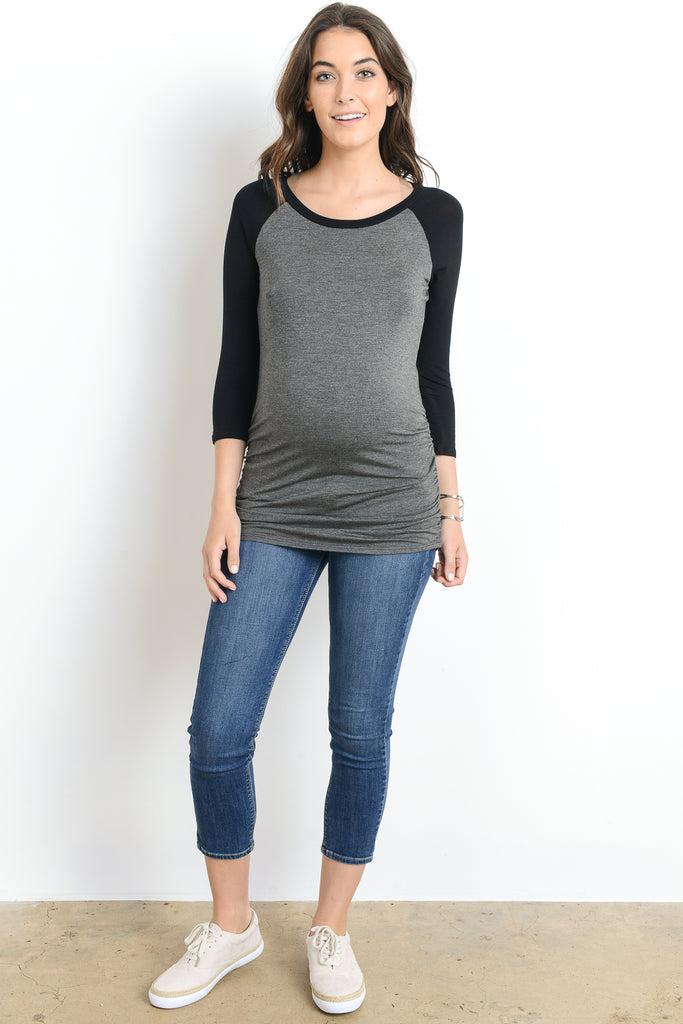 Charcoal/Black Baseball Crew Neck Raglan Maternity Tee