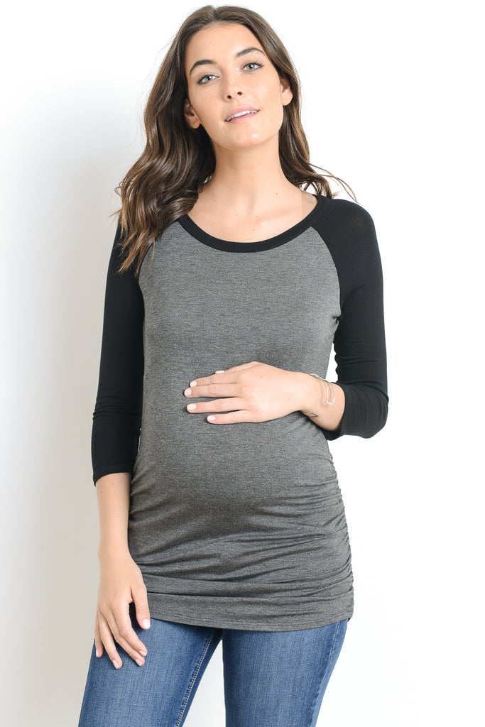 Charcoal/Black Baseball Crew Neck Raglan Maternity Tee