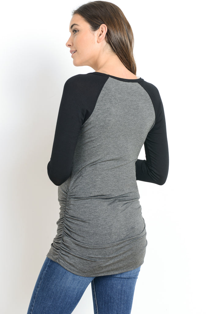 Charcoal/Black Baseball Crew Neck Raglan Maternity Tee