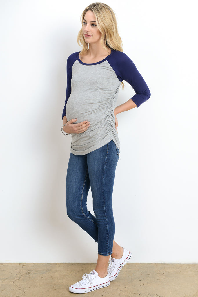 Grey/Navy Baseball Crew Neck Raglan Maternity Tee