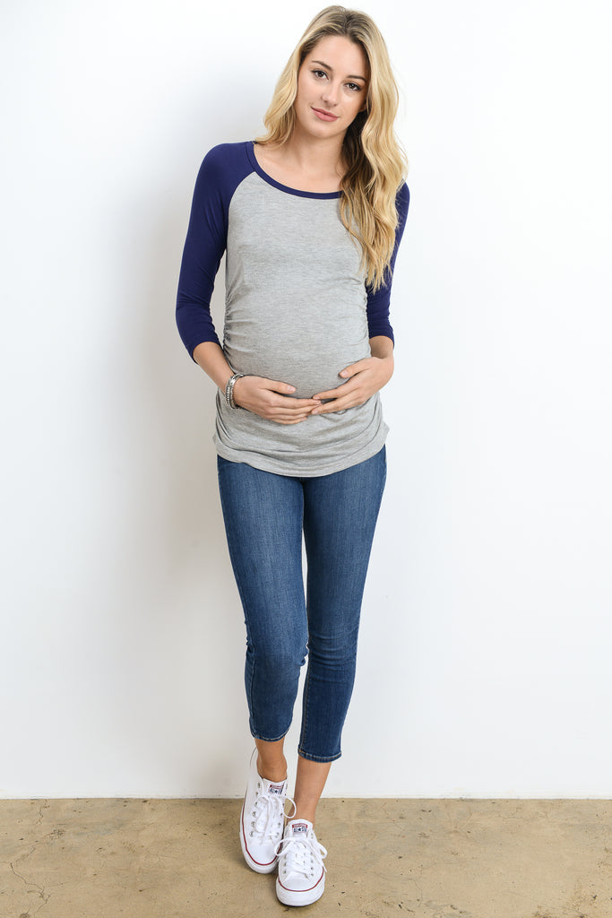 Grey/Navy Baseball Crew Neck Raglan Maternity Tee