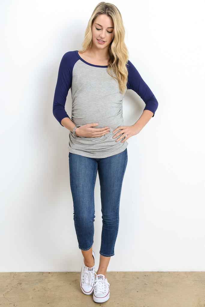 Grey/Navy Baseball Crew Neck Raglan Maternity Tee