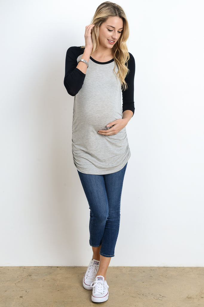 Grey/Black Baseball Crew Neck Raglan Maternity Tee