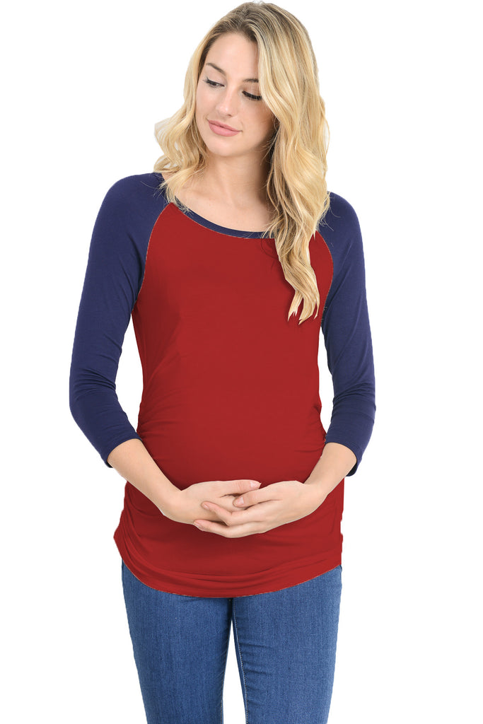 Burgundy/Navy Baseball Crew Neck Raglan Maternity Tee