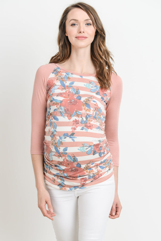 Blush Floral Raglan Maternity Tee, Striped