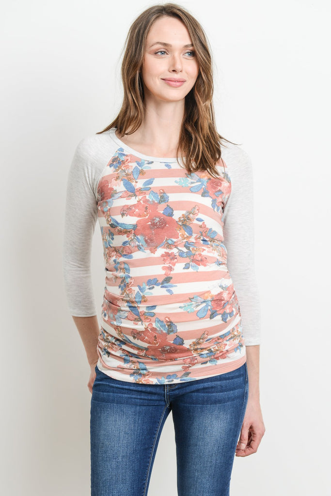 Blush/Grey Floral Raglan Maternity Tee, Striped