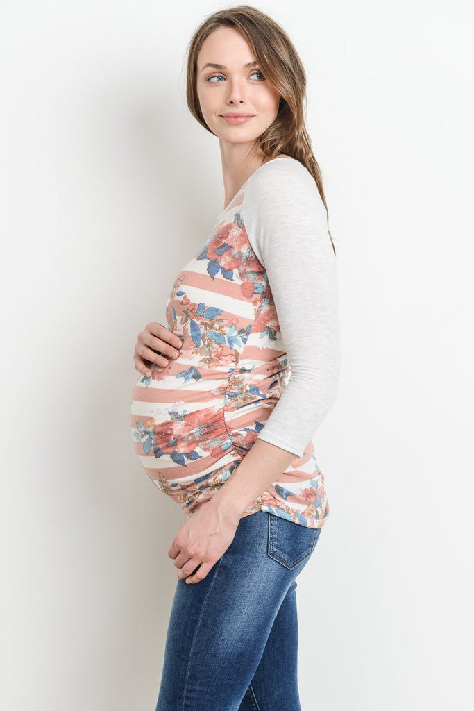 Blush/Grey Floral Raglan Maternity Tee, Striped