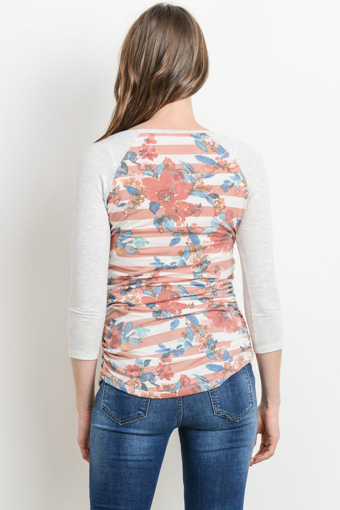 Blush/Grey Floral Raglan Maternity Tee, Striped