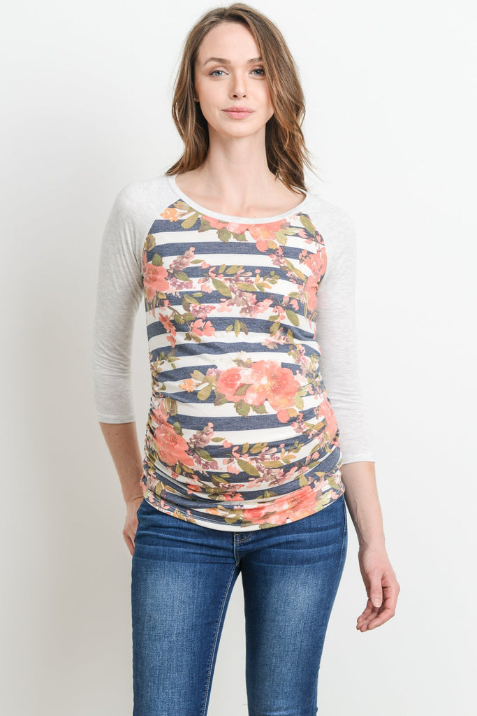 Navy/Grey Floral Raglan Maternity Tee, Striped