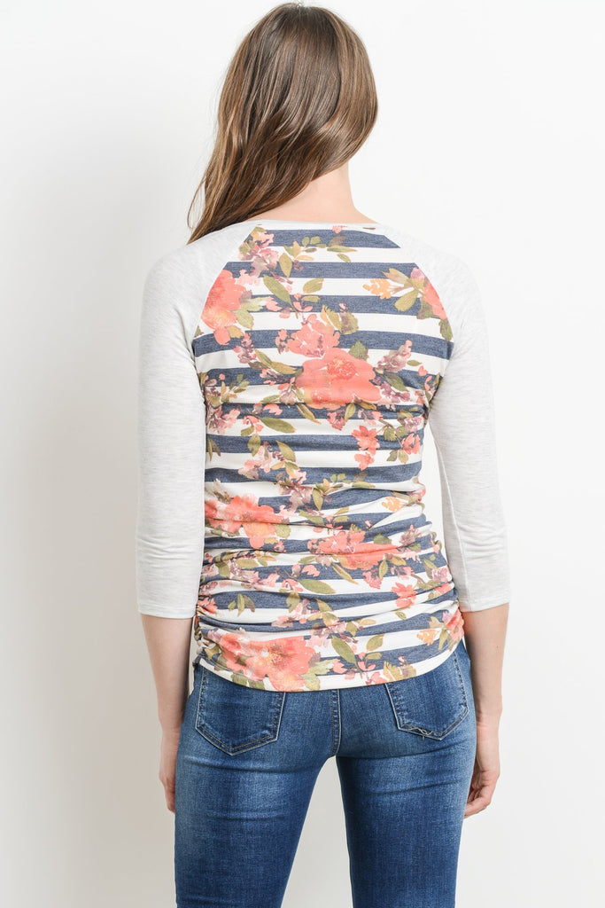 Navy/Grey Floral Raglan Maternity Tee, Striped
