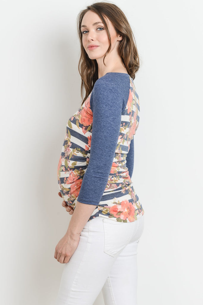 Navy Floral Raglan Maternity Tee, Striped