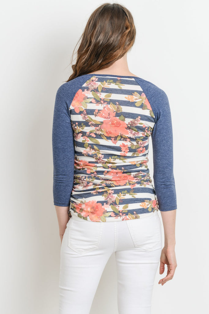 Navy Floral Raglan Maternity Tee, Striped