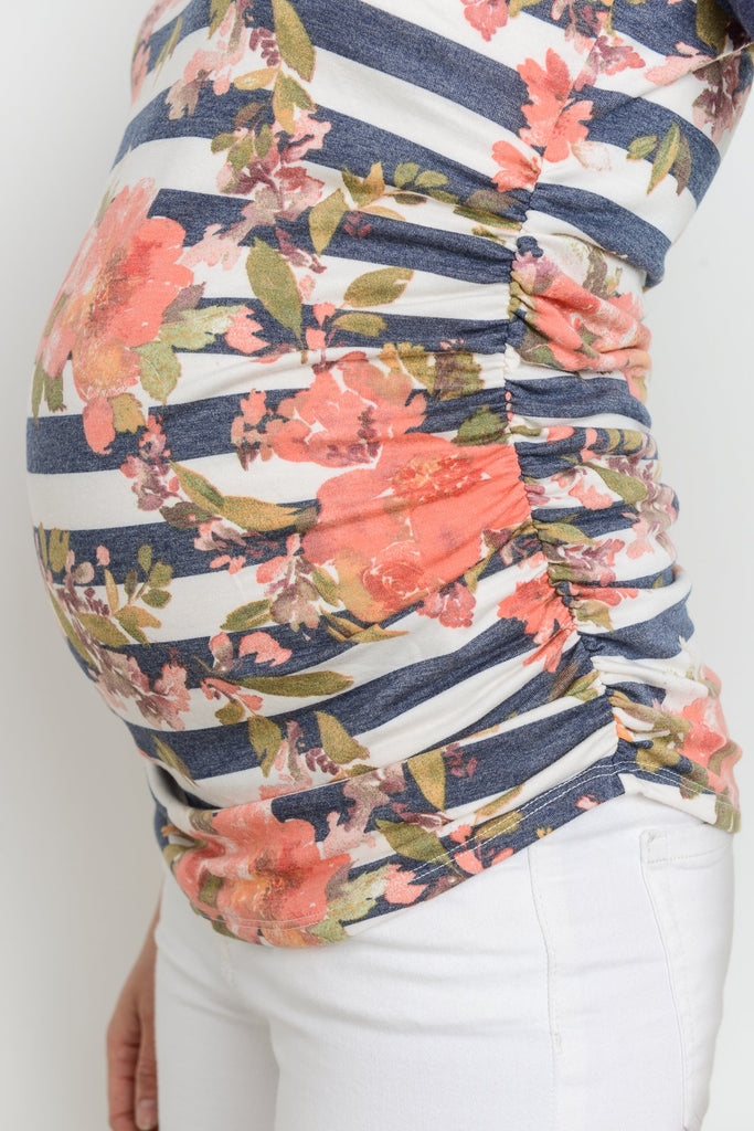Navy Floral Raglan Maternity Tee, Striped