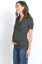 Charcoal Solid Short Sleeve Maternity & Nursing Surplice Top
