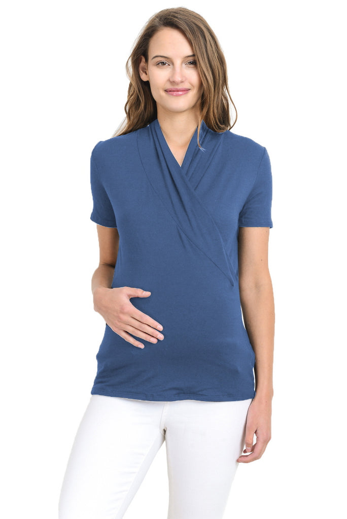 Denim Solid Short Sleeve Maternity & Nursing Surplice Top