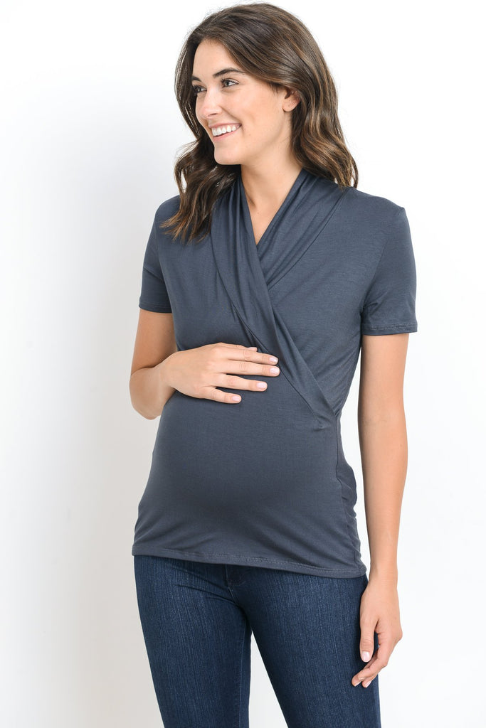 Dark Grey Solid Short Sleeve Maternity & Nursing Surplice Top