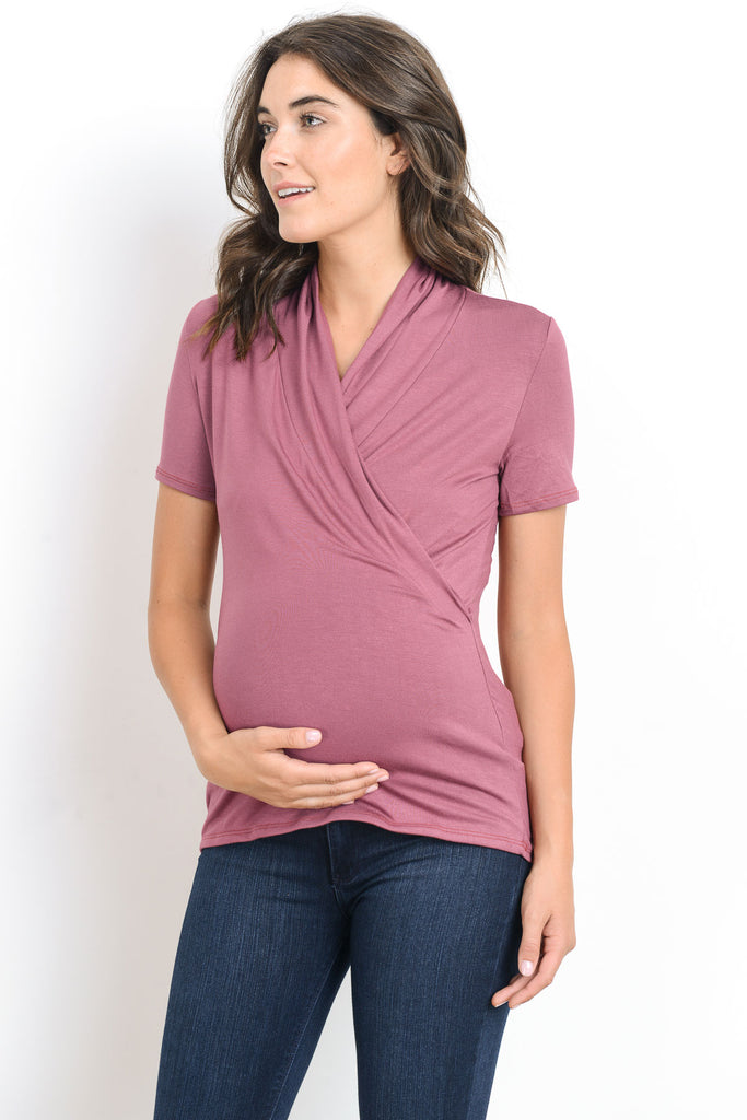 Mauve Solid Short Sleeve Maternity & Nursing Surplice Top