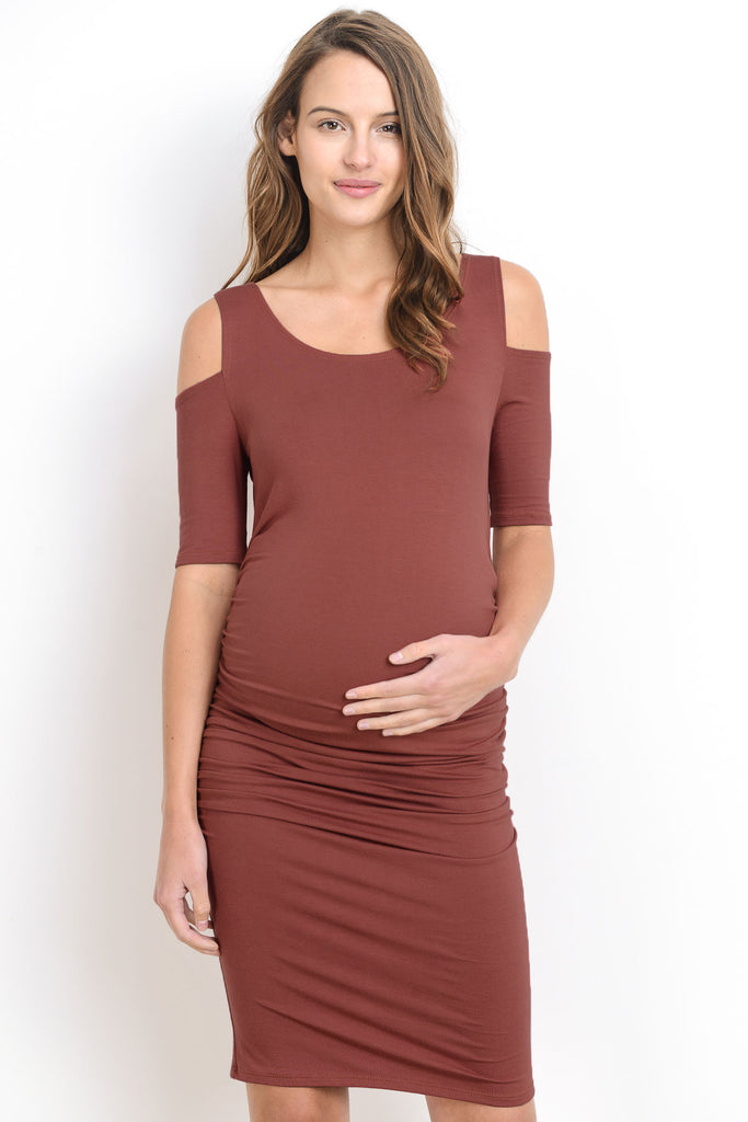 Red Brown Solid Cold Shoulder Bodycon Maternity Dress