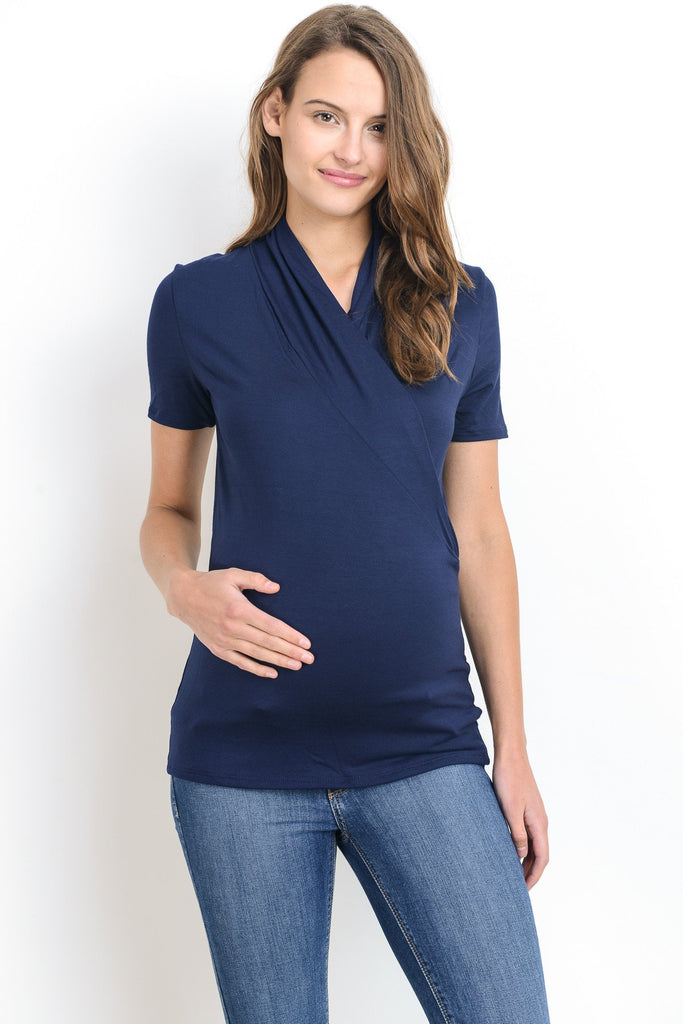 Navy Solid Short Sleeve Maternity & Nursing Surplice Top
