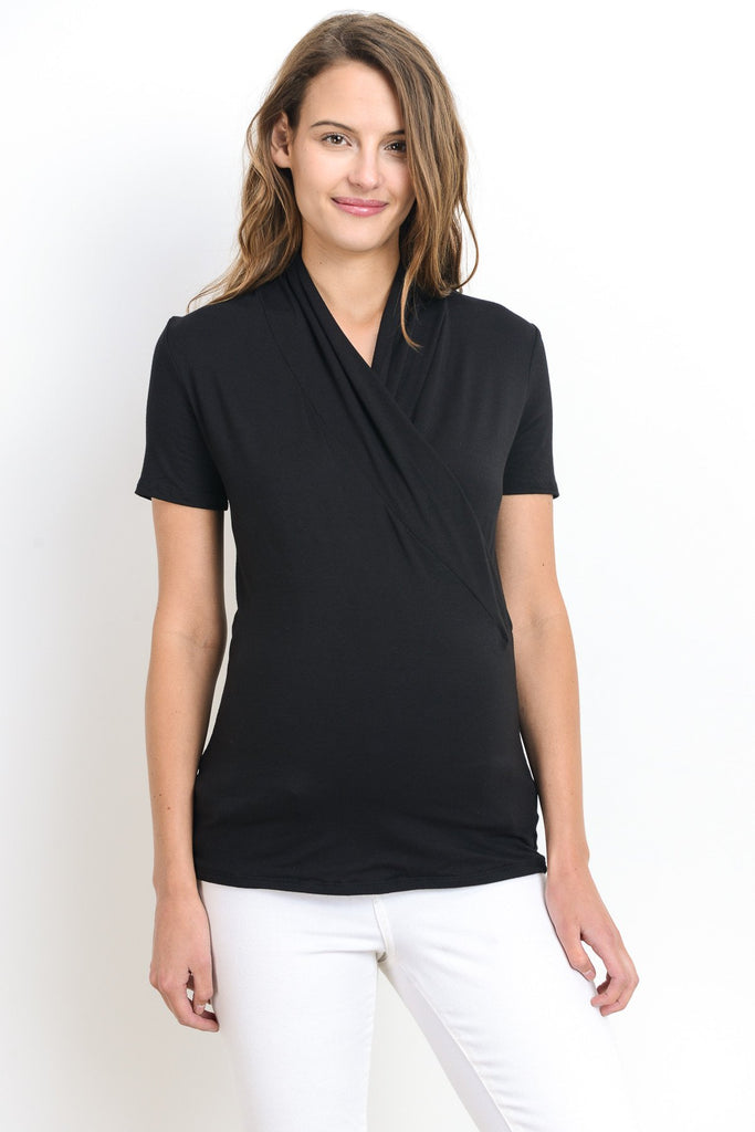 Black Solid Short Sleeve Maternity & Nursing Surplice Top