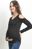 Black Solid Open Cold Shoulder Maternity/Nursing Top
