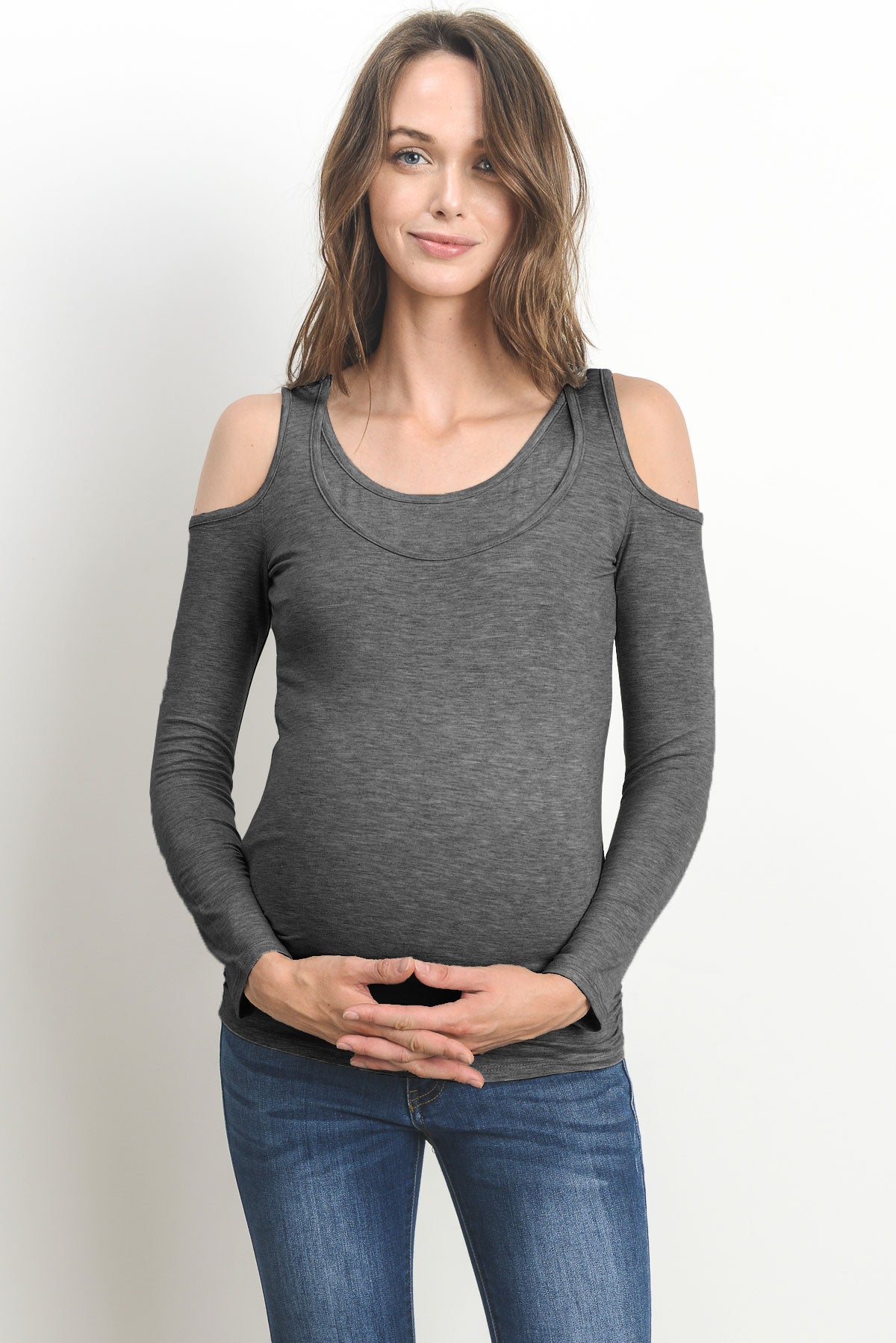 Charcoal Solid Open Cold Shoulder Maternity/Nursing Top