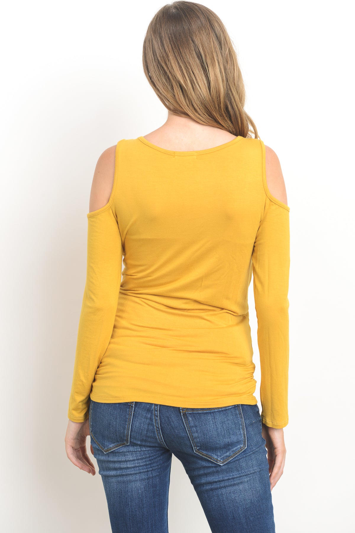 Mustard Solid Open Cold Shoulder Maternity/Nursing Top
