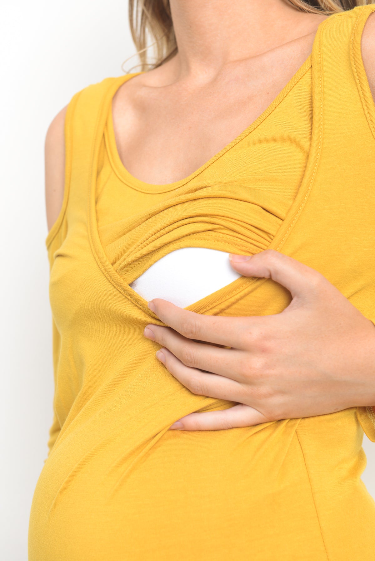 Mustard Solid Open Cold Shoulder Maternity/Nursing Top