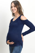 Navy Solid Open Cold Shoulder Maternity/Nursing Top