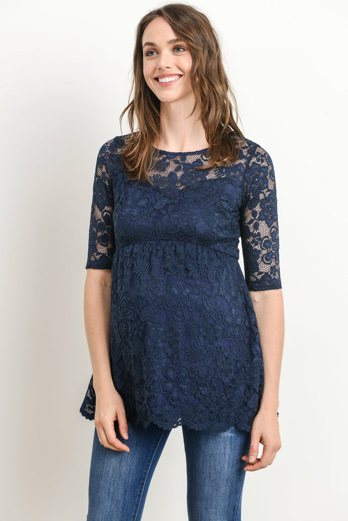 Navy Lace Draped Empire Waist Maternity Top