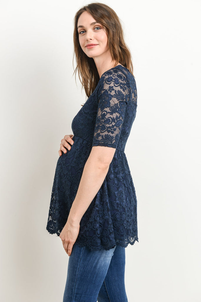 Navy Lace Draped Empire Waist Maternity Top