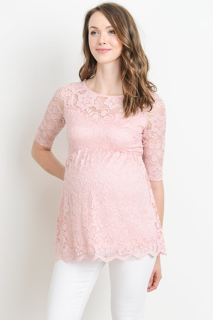 Pink Lace Draped Empire Waist Maternity Top