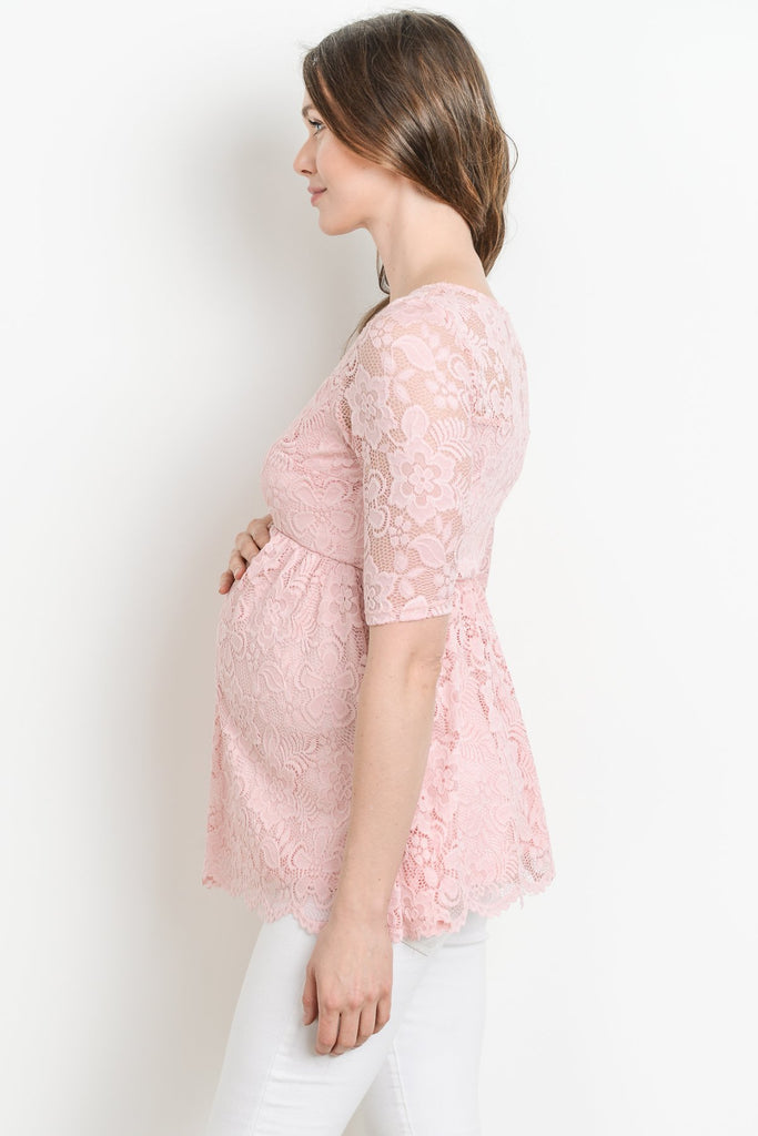 Pink Lace Draped Empire Waist Maternity Top