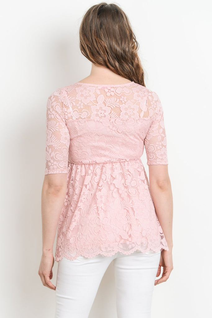 Pink Lace Draped Empire Waist Maternity Top