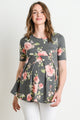 Black Floral Round Neck Peplum Maternity Top