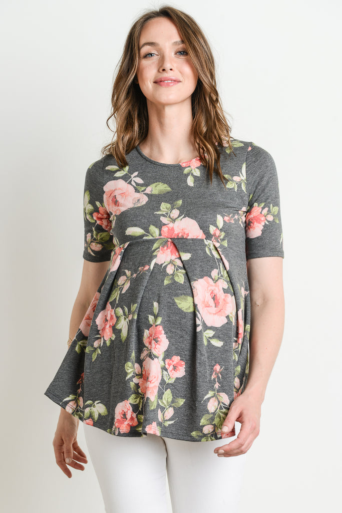 Black Floral Round Neck Peplum Maternity Top