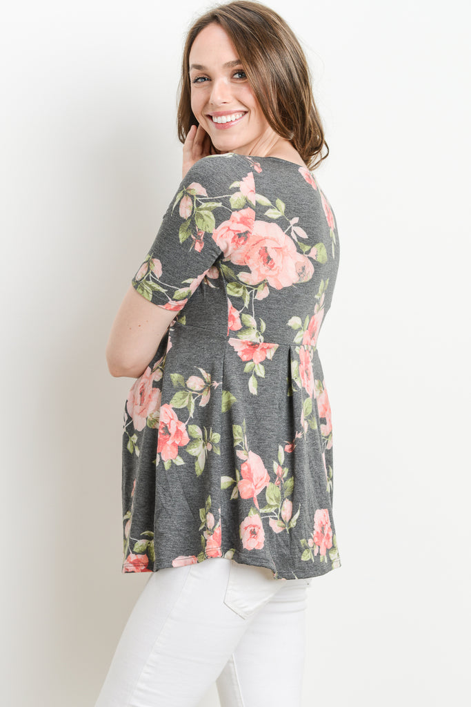 Black Floral Round Neck Peplum Maternity Top