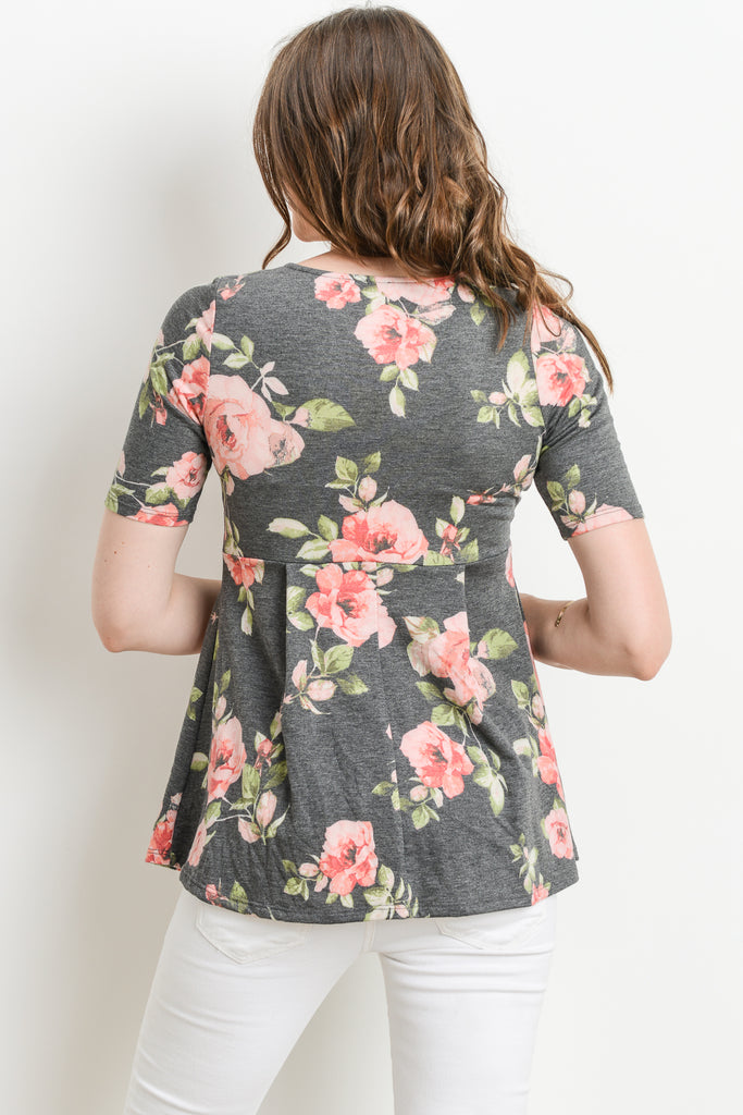 Black Floral Round Neck Peplum Maternity Top